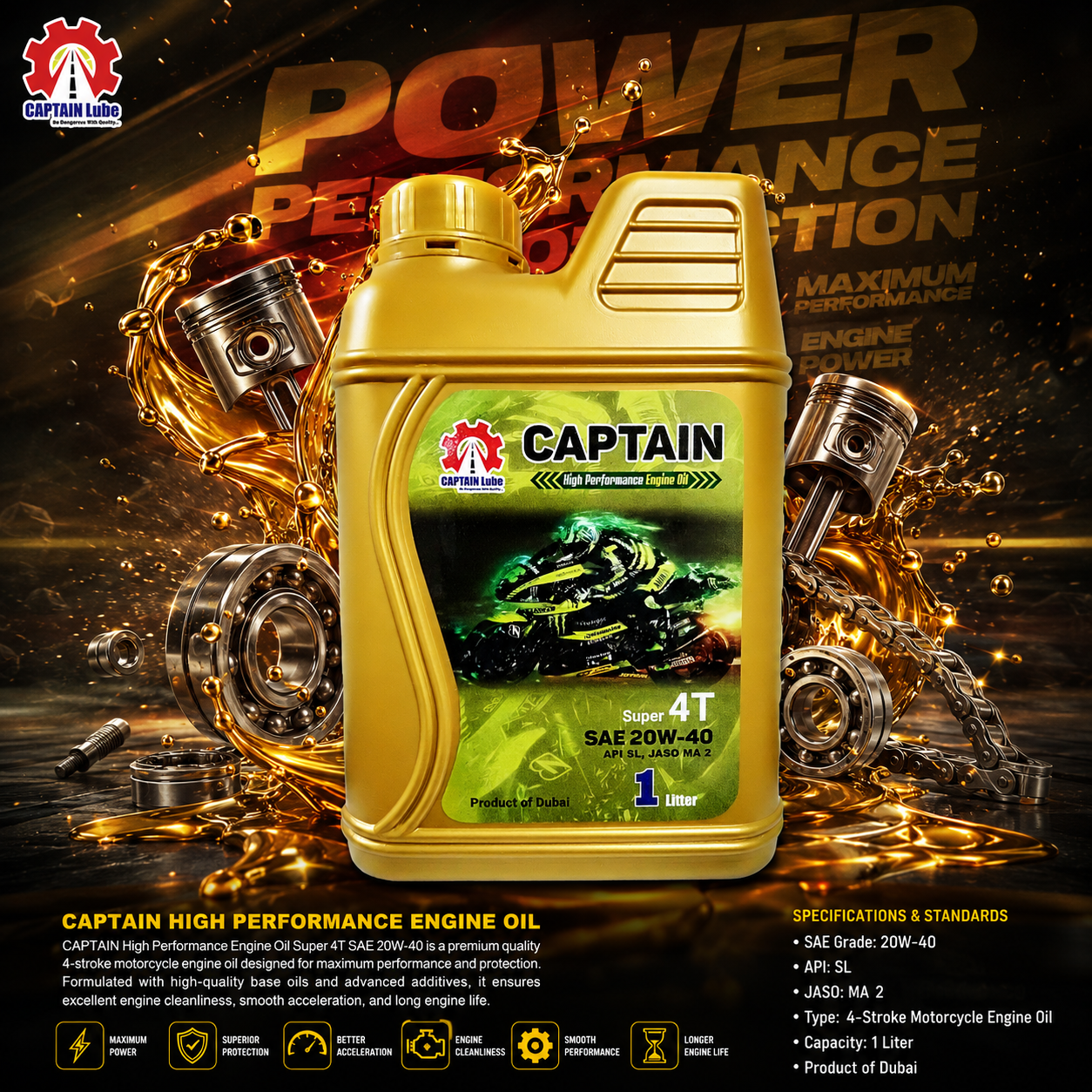 CAPTAIN High Performance Engine Oil Super 4T SAE 20W-40 (API SL, JASO MA2) – 1 Liter