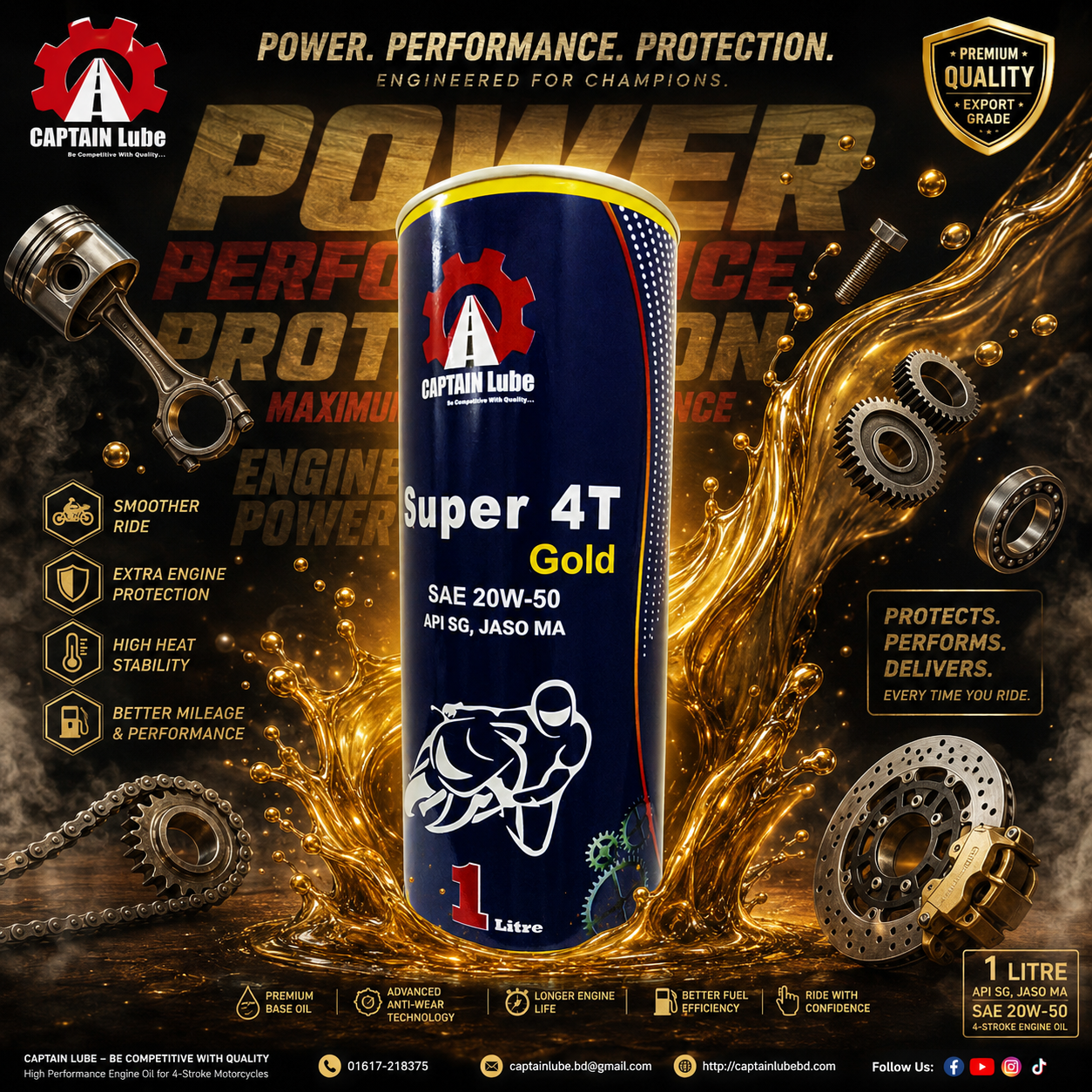 Captain Lube Super 4T Gold SAE 20W-50 Motorcycle Engine Oil (API SG, JASO MA) – 1 Litre