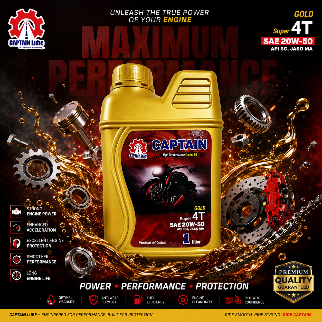 CAPTAIN Lube GOLD Super 4T SAE 20W-50 Engine Oil (API SG, JASO MA) – 1 Liter