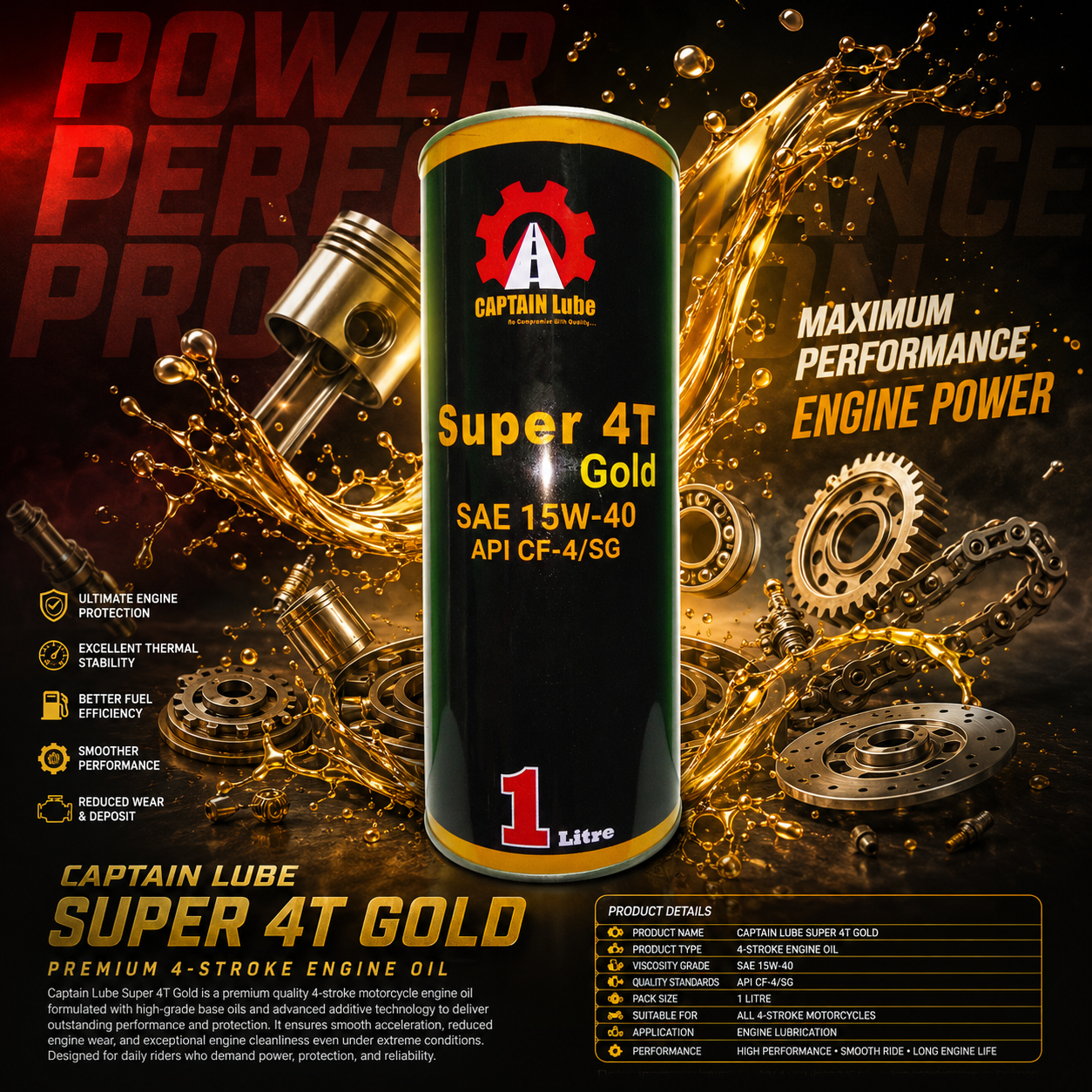 Captain Lube Super 4T Gold SAE 15W-40 Engine Oil (API CF-4/SG) – 1 Liter