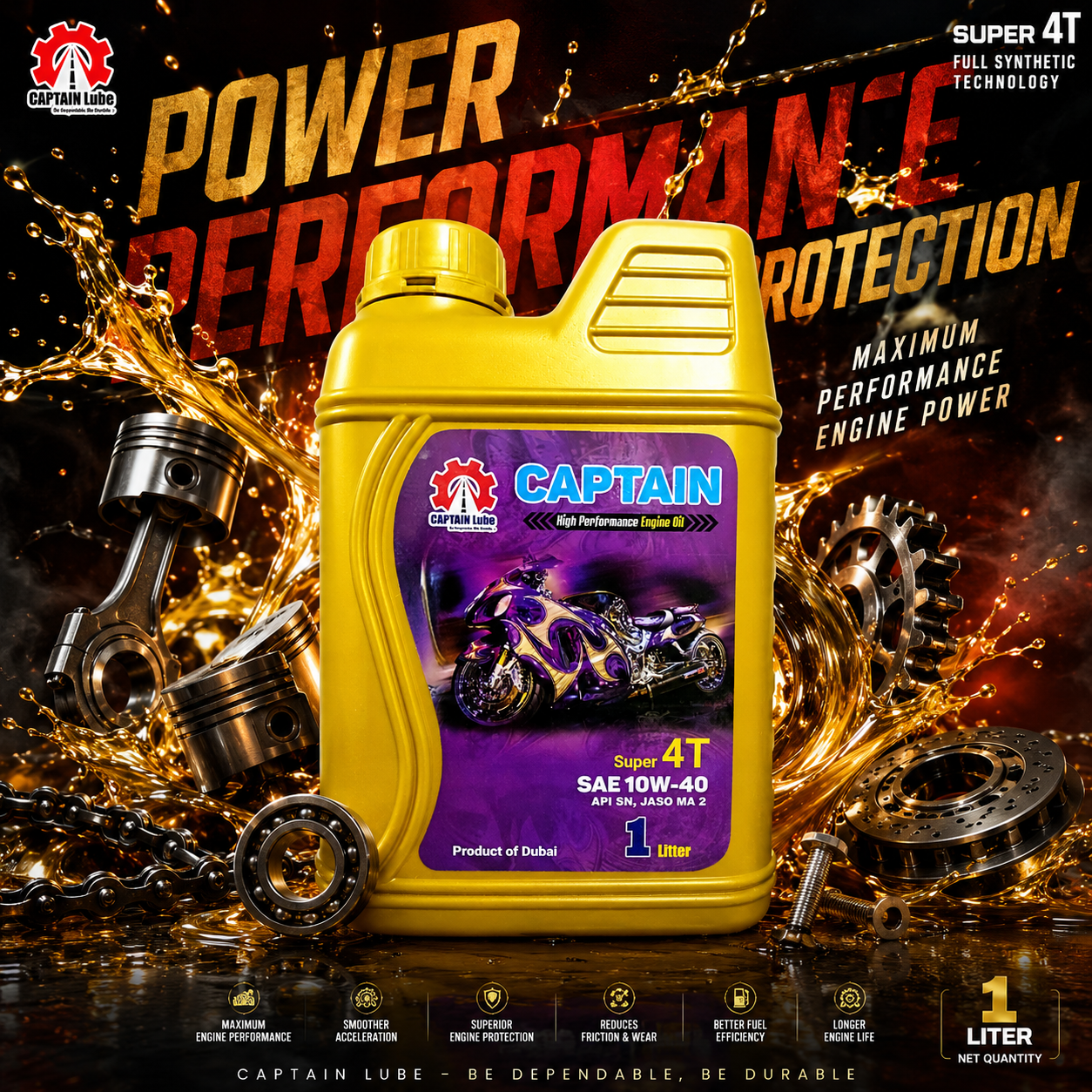 CAPTAIN Lube Super 4T High Performance Engine Oil SAE 10W-40 (API SN, JASO MA2) – 1 Liter