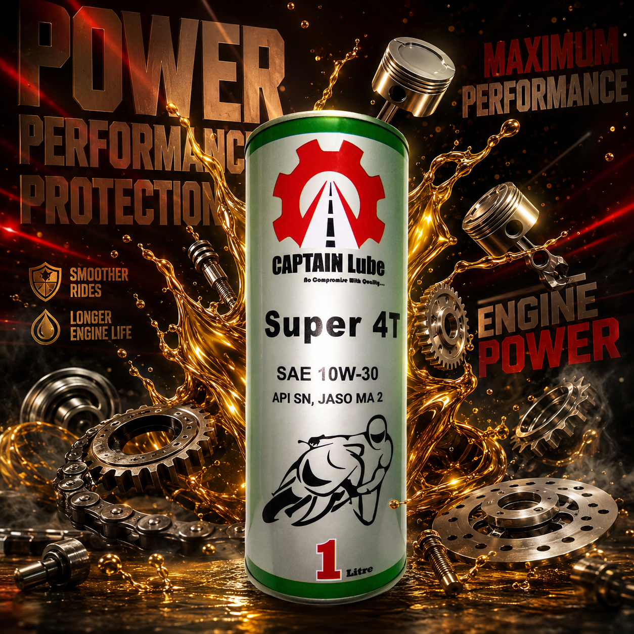 Captain Lube Super 4T SAE 10W-30 Motorcycle Engine Oil – API SN, JASO MA2 – 1 Liter